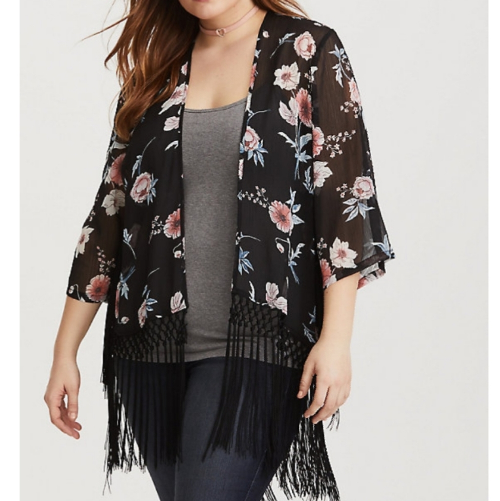 Torrid Black Floral Fringe Boho Duster Kimono - Picture 3 of 8